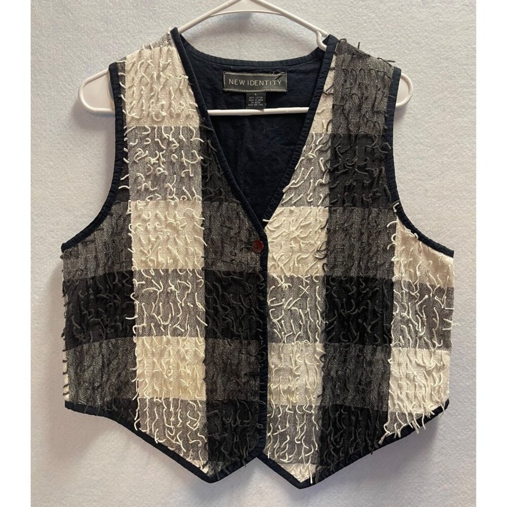 Vintage New Identity Black and White Checkered Fringe Vest Cotton Large